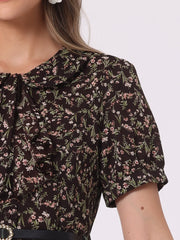 Peter Pan Collar Tie Neck Short Sleeve A-Line Belted Floral Dress
