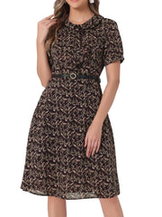 Peter Pan Collar Tie Neck Short Sleeve A-Line Belted Floral Dress