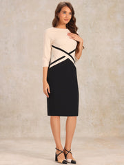 Contrast Color 3/4 Sleeve Bodycon Work Office Pencil Sheath Dress