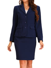 2 Pieces Collared Button Down Blazer & Pencil Midi Skirt Suit Set