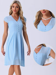 Vintage Chiffon V Neck Cap Sleeve Elegant A-Line Dress