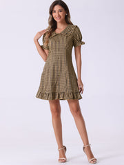 Gingham Checks Ruffled Peter Pan Collar 1960s Vintage Mini Dress