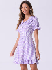 Gingham Checks Ruffled Peter Pan Collar 1960s Vintage Mini Dress