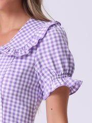 Gingham Checks Ruffled Peter Pan Collar 1960s Vintage Mini Dress