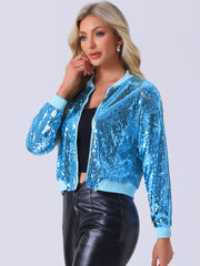 Sequin Sparkle Party Long Sleeve Zipper Bomber Jacket
