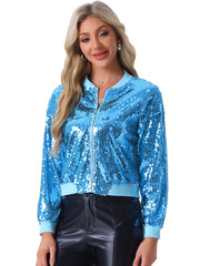 Sequin Sparkle Party Long Sleeve Zipper Bomber Jacket