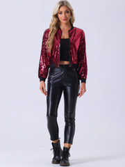 Sequin Sparkle Party Long Sleeve Zipper Bomber Jacket