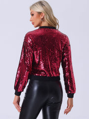 Sequin Sparkle Party Long Sleeve Zipper Bomber Jacket