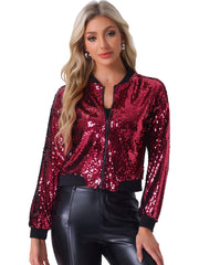 Sequin Sparkle Party Long Sleeve Zipper Bomber Jacket