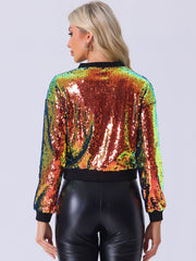 Sequin Sparkle Party Long Sleeve Zipper Bomber Jacket