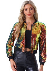 Sequin Sparkle Party Long Sleeve Zipper Bomber Jacket