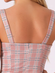 Plaid Zipper Front Party Strap Sleeveless Tube Mini A-Line Dress