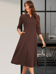 Notch Neck Pocketed 3/4 Sleeve Solid A-Line Work Dress