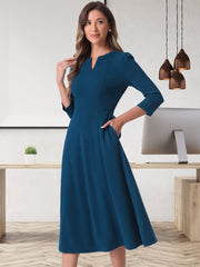 Notch Neck Pocketed 3/4 Sleeve Solid A-Line Work Dress