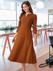 Notch Neck Pocketed 3/4 Sleeve Solid A-Line Work Dress