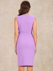 Solid Color V Neck Sleeveless Belted Business Office Midi Sheath Dress
