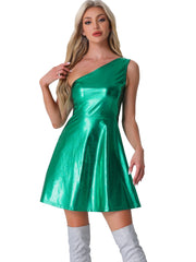 Metallic Sleeveless One Shoulder Party Disco Holographic Dress