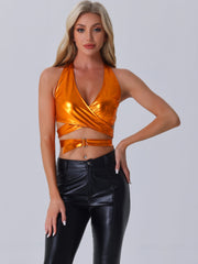 Metallic Halter Neck Deep V Neck Backless Holographic Crop Top