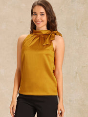 Elegant Satin Sleeveless Tie Knot Mock Neck Solid Work Blouse Top