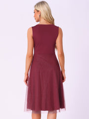 V Neck Sleeveless Glitter Midi A-Line Dress