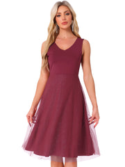 V Neck Sleeveless Glitter Midi A-Line Dress