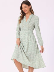 Floral Print Long Sleeve Spring Flowy Midi Boho Dress