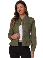 Casual Denim Classic Stand Collar Long Sleeve Jean Jacket