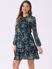 Floral V Neck Semi Sheer Layered Tiered Mini Dress