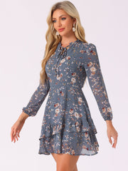 Floral V Neck Semi Sheer Layered Tiered Mini Dress