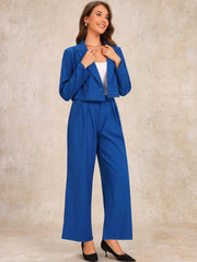 2 Piece Notched Lapel Cropped Jacket & Wide Leg Pants Work Suits Set