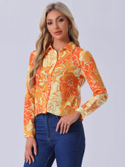 Button Down Floral Shirt Blouse Long Sleeve Point Collar Top
