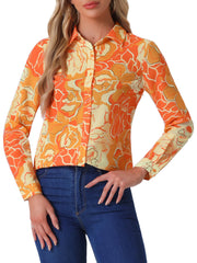 Button Down Floral Shirt Blouse Long Sleeve Point Collar Top