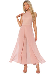 Sleeveless Halter Neck Belted Elegant Wedding Cocktail Dressy Jumpsuits
