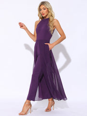 Sleeveless Halter Neck Belted Elegant Wedding Cocktail Dressy Jumpsuits