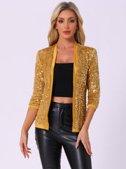 Sequin Open Front Collarless 3/4 Sleeve Velvet Jacket