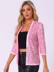 Sequin Open Front Collarless 3/4 Sleeve Velvet Jacket