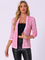 Sequin Open Front Collarless 3/4 Sleeve Velvet Jacket