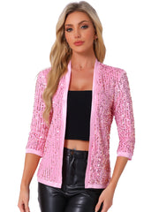 Sequin Open Front Collarless 3/4 Sleeve Velvet Jacket