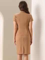 2 Piece Short Sleeve Notched Lapel Blazer & Pencil Midi Skirt Suit Set