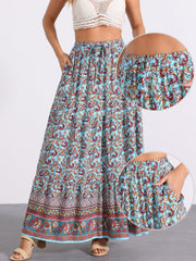 Boho Casual Bohemian Floral Printed Elastic Waist Maxi Skirt
