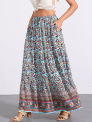 Boho Casual Bohemian Floral Printed Elastic Waist Maxi Skirt