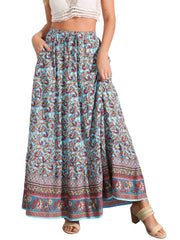 Boho Casual Bohemian Floral Printed Elastic Waist Maxi Skirt