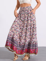 Boho Casual Bohemian Floral Printed Elastic Waist Maxi Skirt