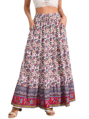 Boho Casual Bohemian Floral Printed Elastic Waist Maxi Skirt
