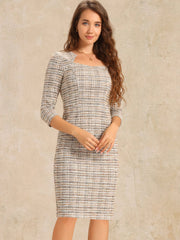 Elegant Square Neck 3/4 Sleeve Plaid Tweed Sheath Dress