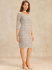 Elegant Square Neck 3/4 Sleeve Plaid Tweed Sheath Dress