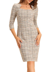 Elegant Square Neck 3/4 Sleeve Plaid Tweed Sheath Dress