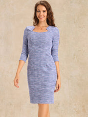Elegant Square Neck 3/4 Sleeve Plaid Tweed Sheath Dress