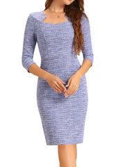 Elegant Square Neck 3/4 Sleeve Plaid Tweed Sheath Dress
