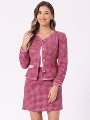 2 Piece Outfits Plaid Tweed Cropped Blazer Jacket & Mini Skirt Suit Set